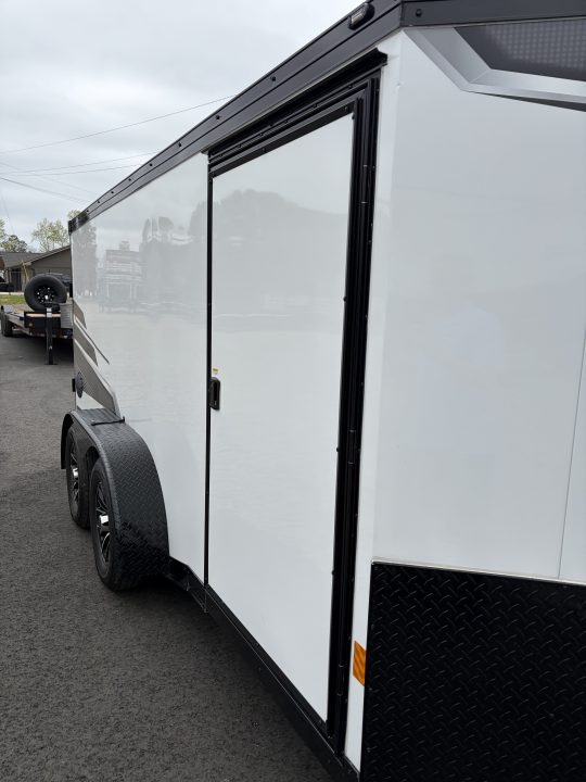 Used 2025 Haulmark 7x14 Low Hauler Motorcycle Trailer, Finished Interior With CONDOR Wheel Choks