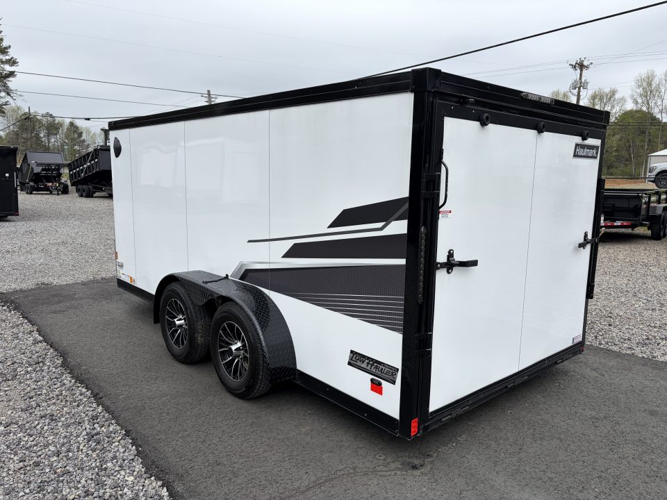 Used 2025 Haulmark 7x14 Low Hauler Motorcycle Trailer, Finished Interior With CONDOR Wheel Choks