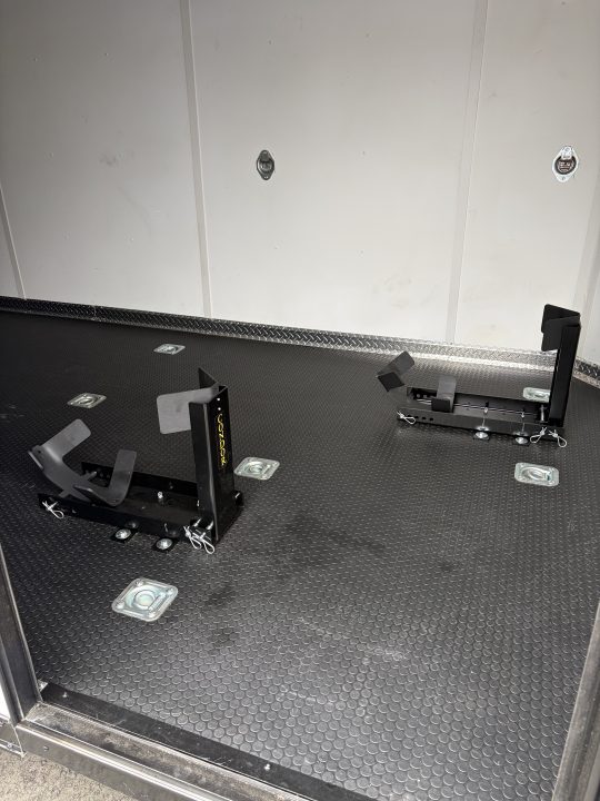 Used 2025 Haulmark 7x14 Low Hauler Motorcycle Trailer, Finished Interior With CONDOR Wheel Choks