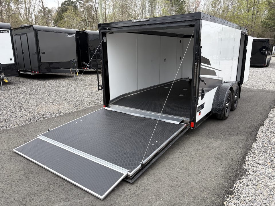Used 2025 Haulmark 7x14 Low Hauler Motorcycle Trailer, Finished Interior With CONDOR Wheel Choks