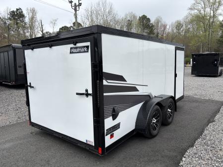 Used 2025 Haulmark 7x14 Low Hauler Motorcycle Trailer, Finished Interior With CONDOR Wheel Choks