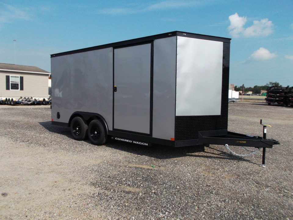 New 2026 Covered Wagon Trailers 8.5x16 Cargo Trailer / Car Hauler / 5200# Axles / 7ft Interior Height / 48" RV Side Door / Bed Lined RV Step / .080 Silver Semi-Screwless Exterior / 60" Triple Tube Tongue / Extra Wide Ramp / Black Out Package