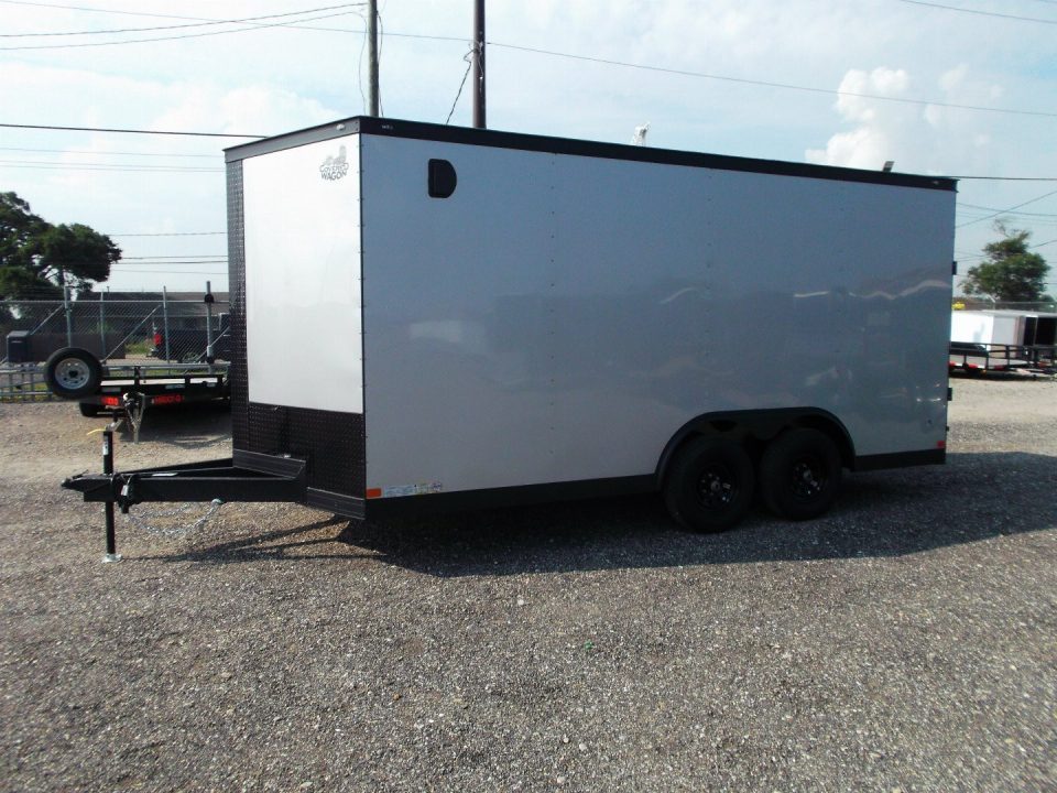 New 2026 Covered Wagon Trailers 8.5x16 Cargo Trailer / Car Hauler / 5200# Axles / 7ft Interior Height / 48" RV Side Door / Bed Lined RV Step / .080 Silver Semi-Screwless Exterior / 60" Triple Tube Tongue / Extra Wide Ramp / Black Out Package