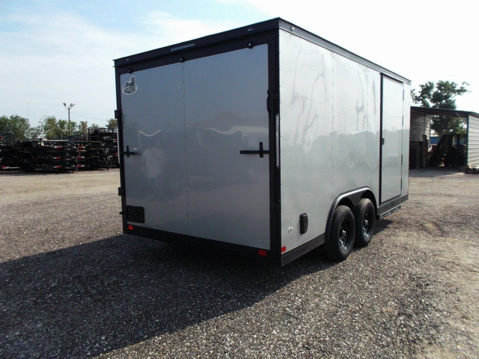 New 2026 Covered Wagon Trailers 8.5x16 Cargo Trailer / Car Hauler / 5200# Axles / 7ft Interior Height / 48" RV Side Door / Bed Lined RV Step / .080 Silver Semi-Screwless Exterior / 60" Triple Tube Tongue / Extra Wide Ramp / Black Out Package