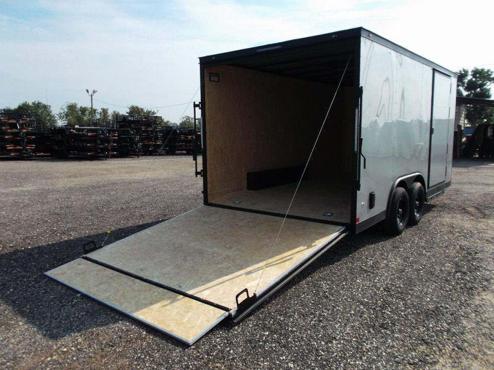New 2026 Covered Wagon Trailers 8.5x16 Cargo Trailer / Car Hauler / 5200# Axles / 7ft Interior Height / 48" RV Side Door / Bed Lined RV Step / .080 Silver Semi-Screwless Exterior / 60" Triple Tube Tongue / Extra Wide Ramp / Black Out Package