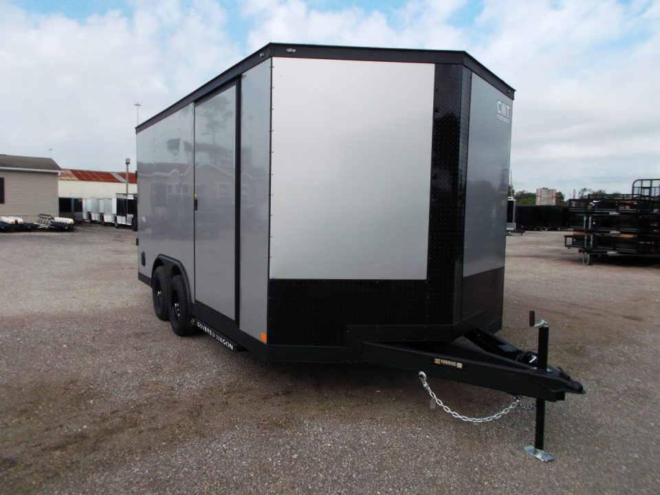 New 2026 Covered Wagon Trailers 8.5x16 Cargo Trailer / Car Hauler / 5200# Axles / 7ft Interior Height / 48" RV Side Door / Bed Lined RV Step / .080 Silver Semi-Screwless Exterior / 60" Triple Tube Tongue / Extra Wide Ramp / Black Out Package