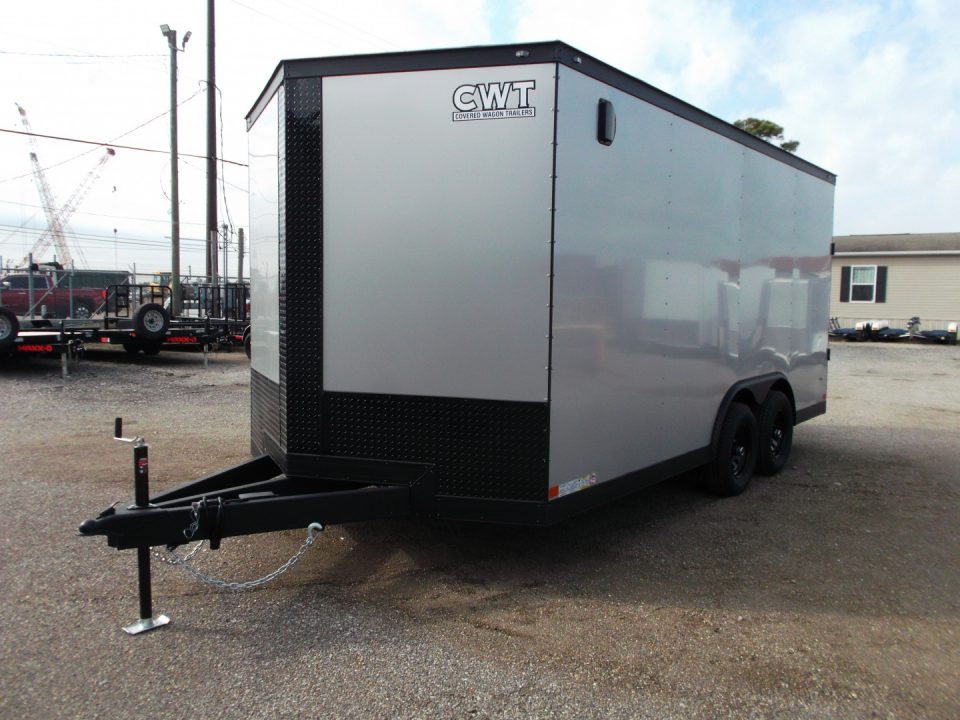 New 2026 Covered Wagon Trailers 8.5x16 Cargo Trailer / Car Hauler / 5200# Axles / 7ft Interior Height / 48" RV Side Door / Bed Lined RV Step / .080 Silver Semi-Screwless Exterior / 60" Triple Tube Tongue / Extra Wide Ramp / Black Out Package
