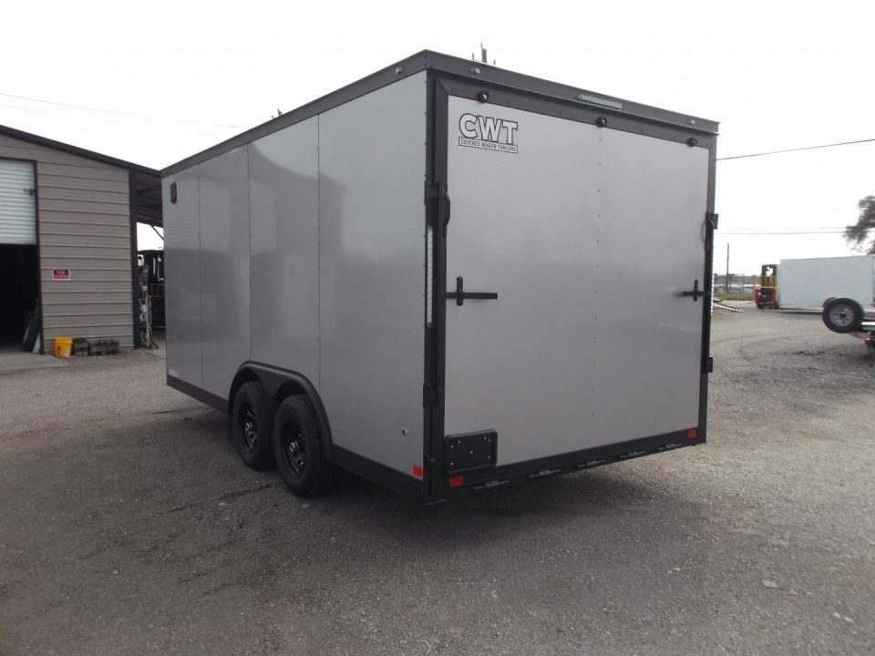 New 2026 Covered Wagon Trailers 8.5x16 Cargo Trailer / Car Hauler / 5200# Axles / 7ft Interior Height / 48" RV Side Door / Bed Lined RV Step / .080 Silver Semi-Screwless Exterior / 60" Triple Tube Tongue / Extra Wide Ramp / Black Out Package