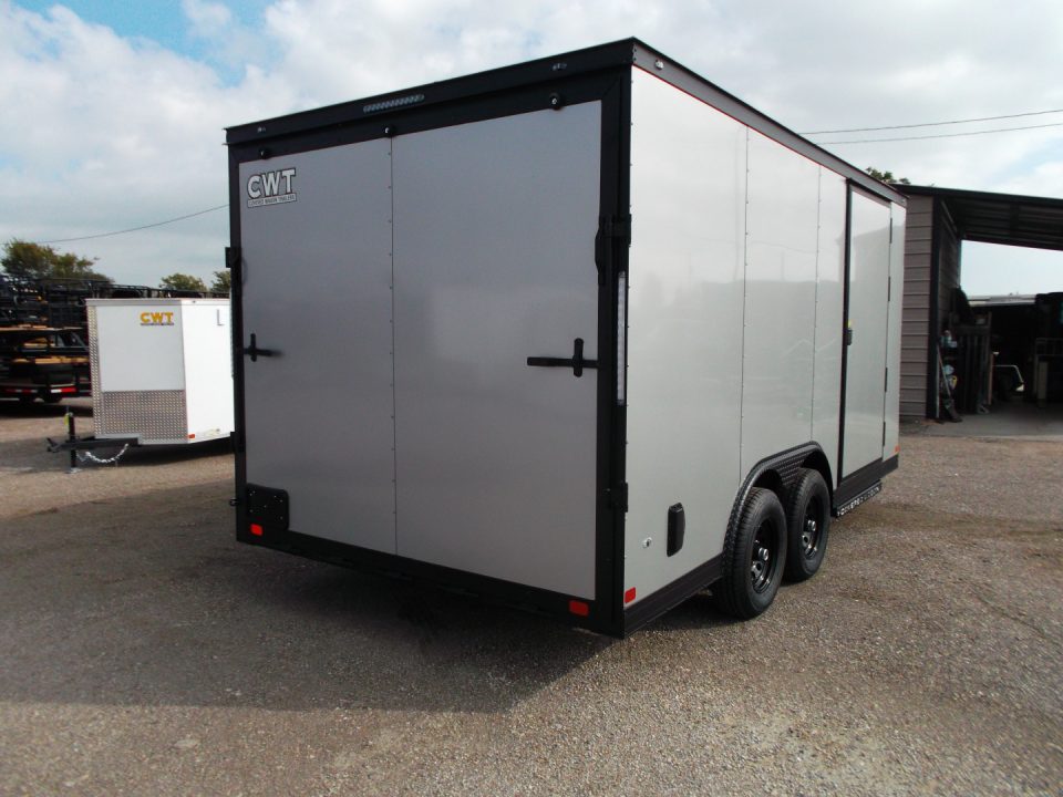New 2026 Covered Wagon Trailers 8.5x16 Cargo Trailer / Car Hauler / 5200# Axles / 7ft Interior Height / 48" RV Side Door / Bed Lined RV Step / .080 Silver Semi-Screwless Exterior / 60" Triple Tube Tongue / Extra Wide Ramp / Black Out Package