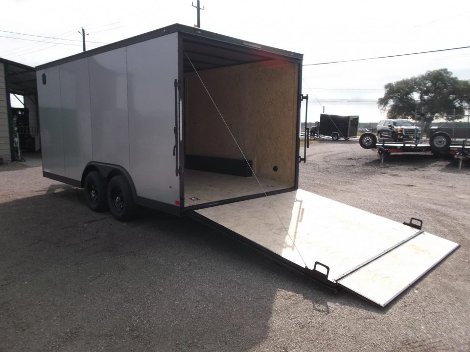 New 2026 Covered Wagon Trailers 8.5x16 Cargo Trailer / Car Hauler / 5200# Axles / 7ft Interior Height / 48" RV Side Door / Bed Lined RV Step / .080 Silver Semi-Screwless Exterior / 60" Triple Tube Tongue / Extra Wide Ramp / Black Out Package