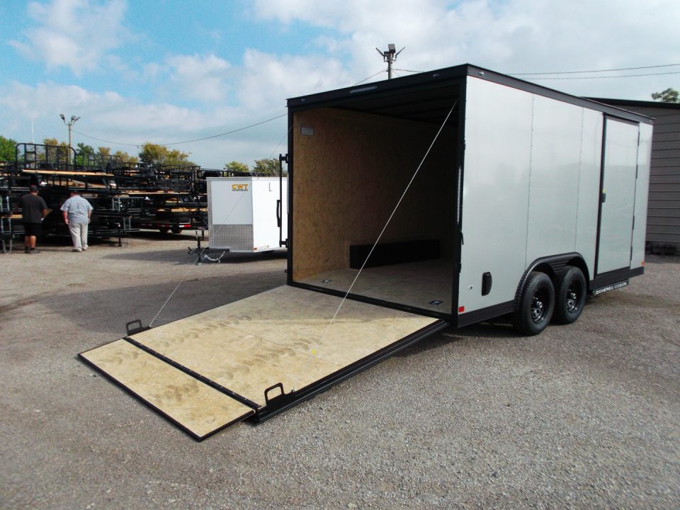 New 2026 Covered Wagon Trailers 8.5x16 Cargo Trailer / Car Hauler / 5200# Axles / 7ft Interior Height / 48" RV Side Door / Bed Lined RV Step / .080 Silver Semi-Screwless Exterior / 60" Triple Tube Tongue / Extra Wide Ramp / Black Out Package