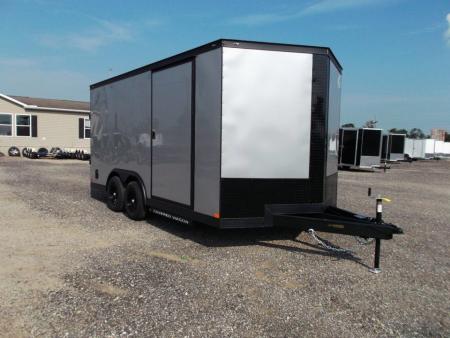 New 2026 Covered Wagon Trailers 8.5x16 Cargo Trailer / Car Hauler / 5200# Axles / 7ft Interior Height / 48" RV Side Door / Bed Lined RV Step / .080 Silver Semi-Screwless Exterior / 60" Triple Tube Tongue / Extra Wide Ramp / Black Out Package