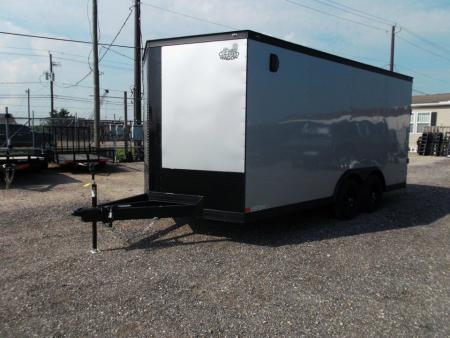 New 2026 Covered Wagon Trailers 8.5x16 Cargo Trailer / Car Hauler / 5200# Axles / 7ft Interior Height / 48" RV Side Door / Bed Lined RV Step / .080 Silver Semi-Screwless Exterior / 60" Triple Tube Tongue / Extra Wide Ramp / Black Out Package