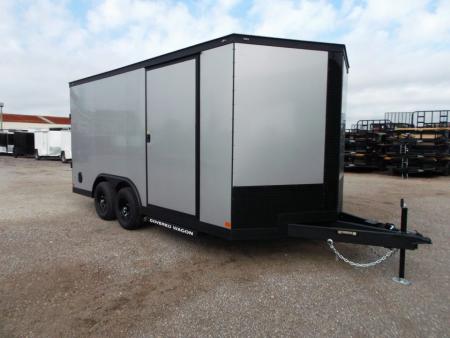 New 2026 Covered Wagon Trailers 8.5x16 Cargo Trailer / Car Hauler / 5200# Axles / 7ft Interior Height / 48" RV Side Door / Bed Lined RV Step / .080 Silver Semi-Screwless Exterior / 60" Triple Tube Tongue / Extra Wide Ramp / Black Out Package