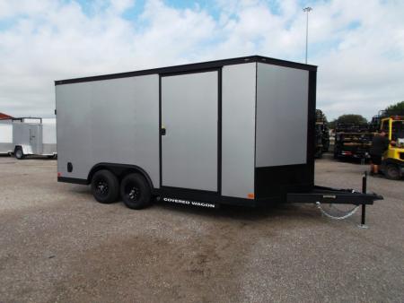 New 2026 Covered Wagon Trailers 8.5x16 Cargo Trailer / Car Hauler / 5200# Axles / 7ft Interior Height / 48  RV Side Door / Bed Lined RV Step / .080 Silver Semi-Screwless Exterior / 60  Triple Tube Tongue / Extra Wide Ramp / Black Out Package