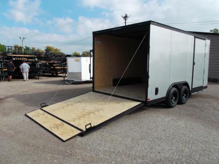 New 2026 Covered Wagon Trailers 8.5x16 Cargo Trailer / Car Hauler / 5200# Axles / 7ft Interior Height / 48" RV Side Door / Bed Lined RV Step / .080 Silver Semi-Screwless Exterior / 60" Triple Tube Tongue / Extra Wide Ramp / Black Out Package