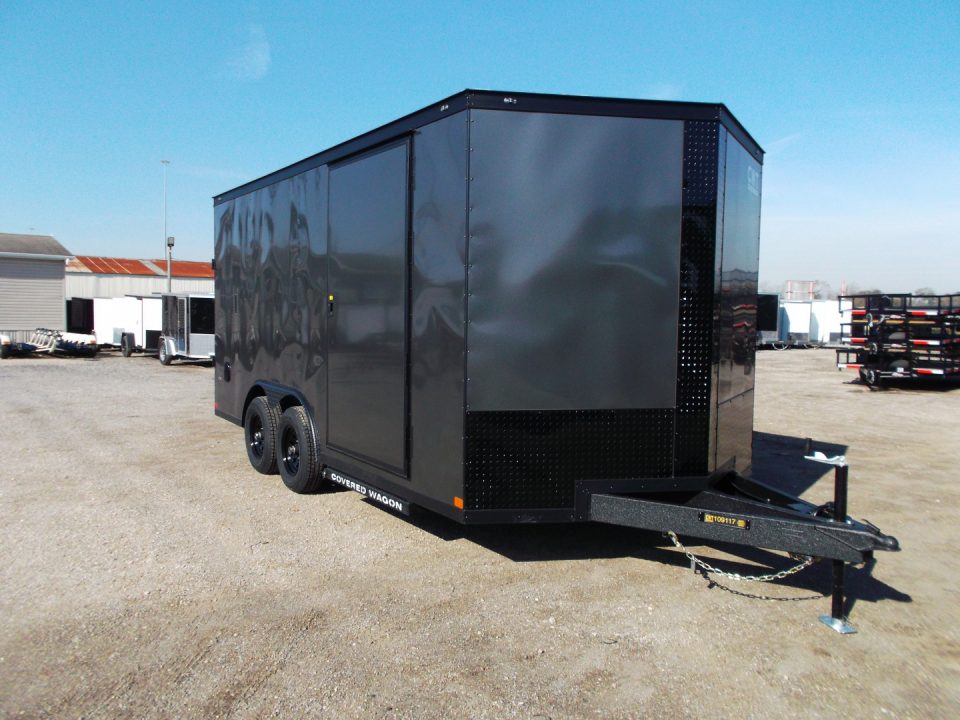 New 2026 Covered Wagon Trailers 8.5x16 Cargo / Enclosed Trailer / Car Hauler / 5200# Axles / 7ft Interior / Extra Wide Ramp / 48" RV Door / .030 Charcoal Gray / Black Out Package