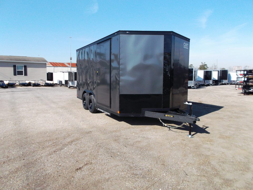 New 2026 Covered Wagon Trailers 8.5x16 Cargo / Enclosed Trailer / Car Hauler / 5200# Axles / 7ft Interior / Extra Wide Ramp / 48" RV Door / .030 Charcoal Gray / Black Out Package