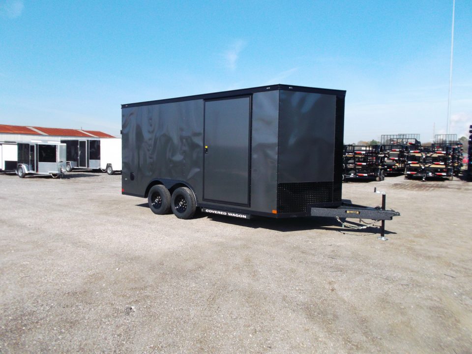 New 2026 Covered Wagon Trailers 8.5x16 Cargo / Enclosed Trailer / Car Hauler / 5200# Axles / 7ft Interior / Extra Wide Ramp / 48" RV Door / .030 Charcoal Gray / Black Out Package