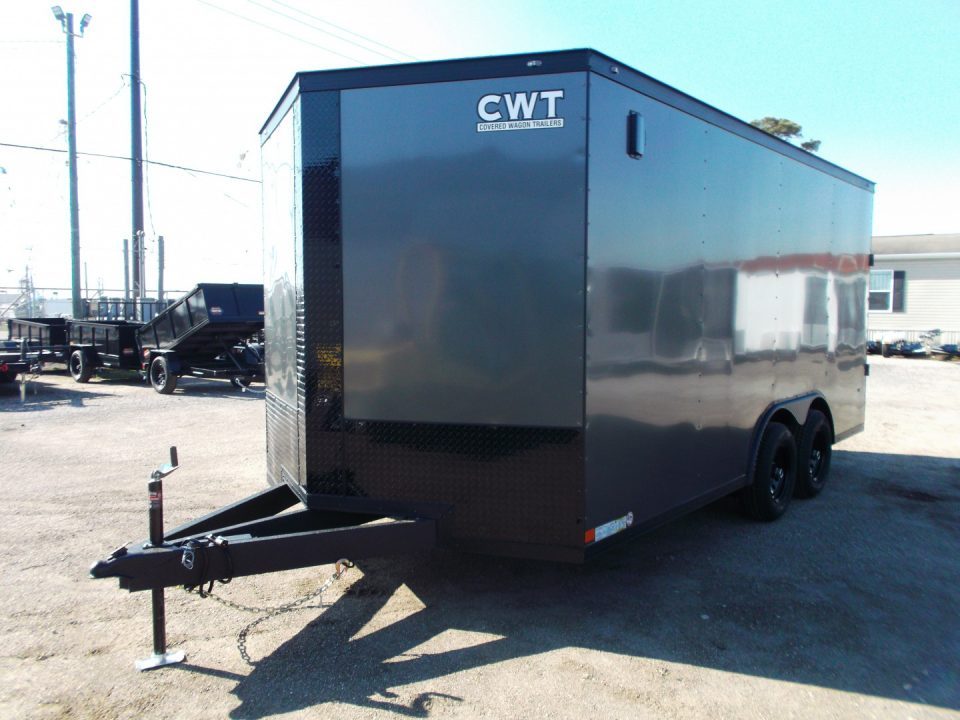New 2026 Covered Wagon Trailers 8.5x16 Cargo / Enclosed Trailer / Car Hauler / 5200# Axles / 7ft Interior / Extra Wide Ramp / 48" RV Door / .030 Charcoal Gray / Black Out Package