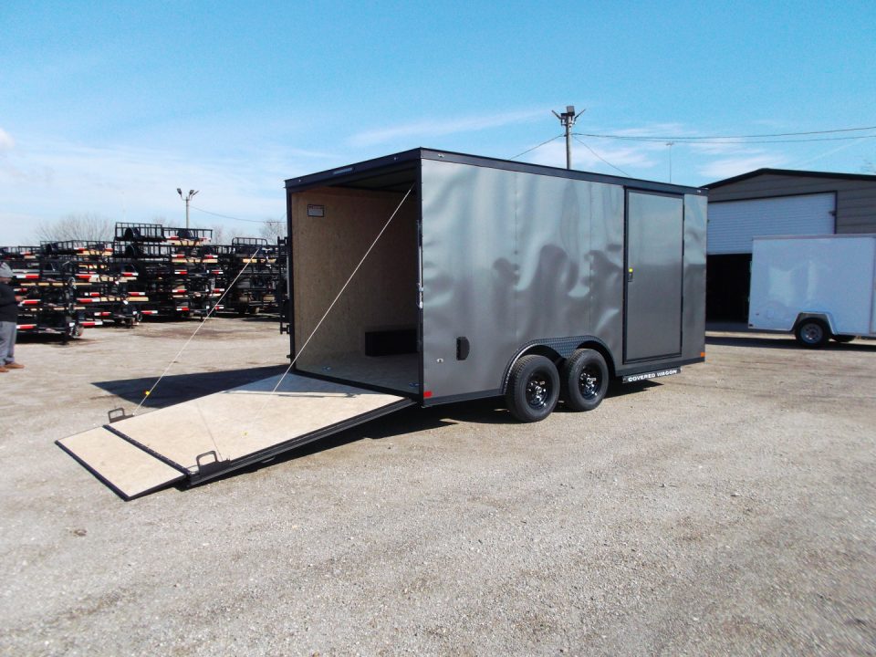 New 2026 Covered Wagon Trailers 8.5x16 Cargo / Enclosed Trailer / Car Hauler / 5200# Axles / 7ft Interior / Extra Wide Ramp / 48" RV Door / .030 Charcoal Gray / Black Out Package