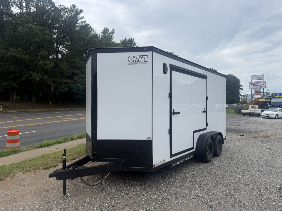 New 2026 Covered Wagon Trailers CW7X16TA2 / Enclosed Trailer / 7' Wide x 16' Long / 7'6" Interior Height / Ramp Rear Door , 48" Side door slide out step / 3500# Brake Axles / .080 Poly Core White / Black Gold Package / Spoiler with load lights