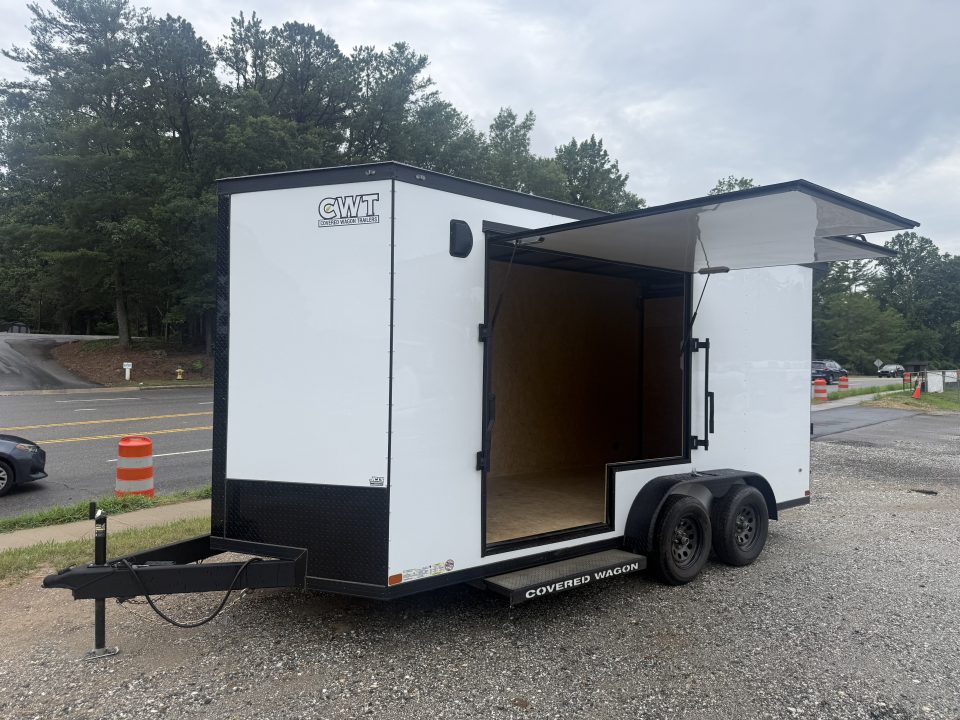 New 2026 Covered Wagon Trailers CW7X16TA2 / Enclosed Trailer / 7' Wide x 16' Long / 7'6" Interior Height / Ramp Rear Door , 48" Side door slide out step / 3500# Brake Axles / .080 Poly Core White / Black Gold Package / Spoiler with load lights