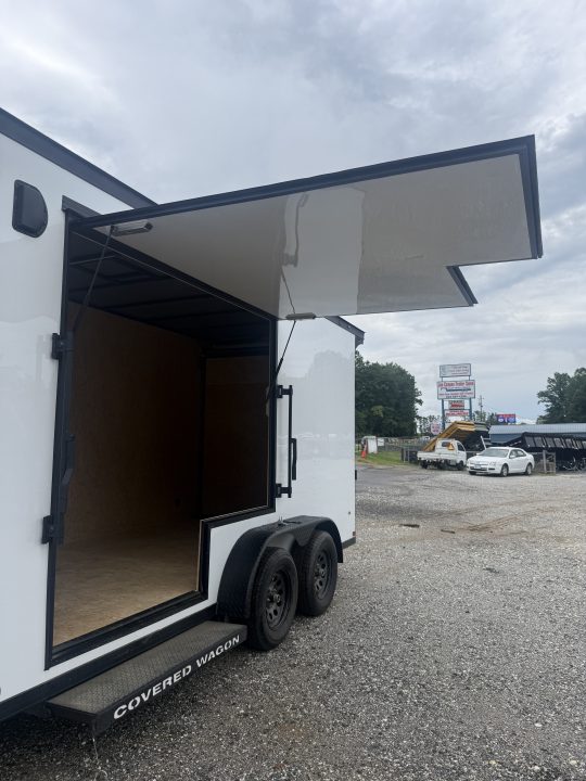 New 2026 Covered Wagon Trailers CW7X16TA2 / Enclosed Trailer / 7' Wide x 16' Long / 7'6" Interior Height / Ramp Rear Door , 48" Side door slide out step / 3500# Brake Axles / .080 Poly Core White / Black Gold Package / Spoiler with load lights