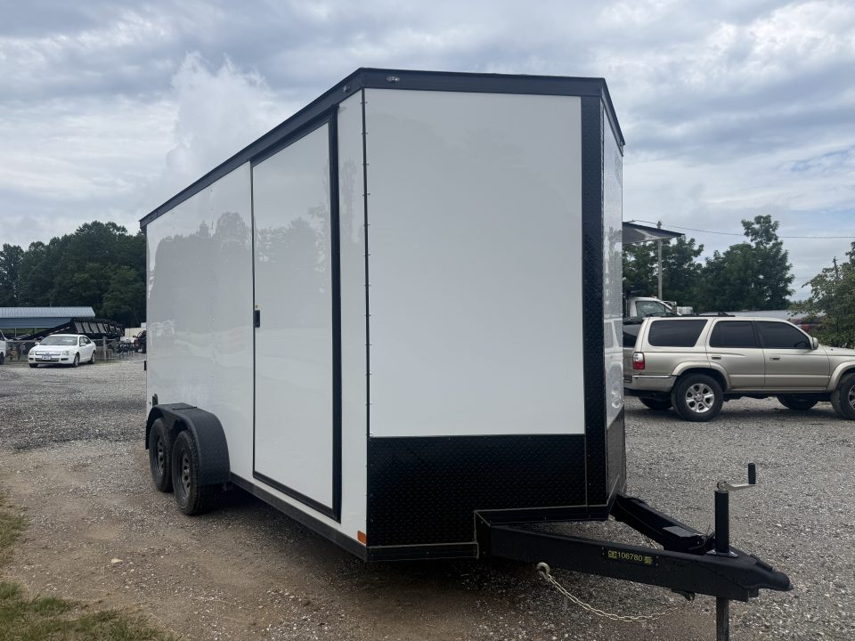 New 2026 Covered Wagon Trailers CW7X16TA2 / Enclosed Trailer / 7' Wide x 16' Long / 7'6" Interior Height / Ramp Rear Door , 48" Side door slide out step / 3500# Brake Axles / .080 Poly Core White / Black Gold Package / Spoiler with load lights