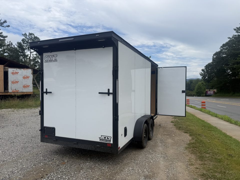 New 2026 Covered Wagon Trailers CW7X16TA2 / Enclosed Trailer / 7' Wide x 16' Long / 7'6" Interior Height / Ramp Rear Door , 48" Side door slide out step / 3500# Brake Axles / .080 Poly Core White / Black Gold Package / Spoiler with load lights