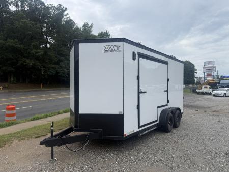 New 2026 Covered Wagon Trailers CW7X16TA2 / Enclosed Trailer / 7' Wide x 16' Long / 7'6" Interior Height / Ramp Rear Door , 48" Side door slide out step / 3500# Brake Axles / .080 Poly Core White / Black Gold Package / Spoiler with load lights
