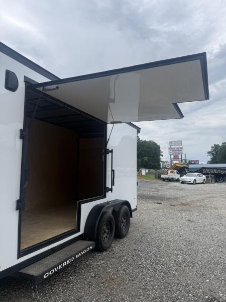 New 2026 Covered Wagon Trailers CW7X16TA2 / Enclosed Trailer / 7' Wide x 16' Long / 7'6" Interior Height / Ramp Rear Door , 48" Side door slide out step / 3500# Brake Axles / .080 Poly Core White / Black Gold Package / Spoiler with load lights