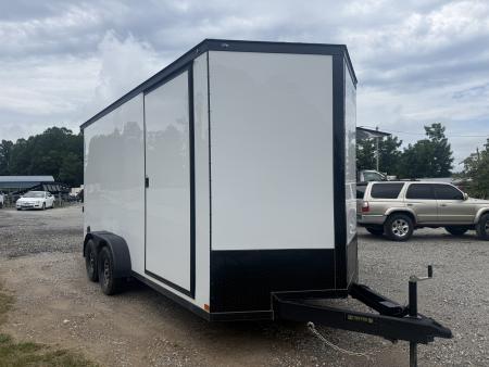New 2026 Covered Wagon Trailers CW7X16TA2 / Enclosed Trailer / 7' Wide x 16' Long / 7'6" Interior Height / Ramp Rear Door , 48" Side door slide out step / 3500# Brake Axles / .080 Poly Core White / Black Gold Package / Spoiler with load lights
