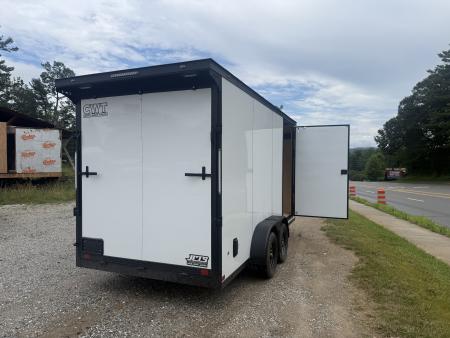 New 2026 Covered Wagon Trailers CW7X16TA2 / Enclosed Trailer / 7' Wide x 16' Long / 7'6" Interior Height / Ramp Rear Door , 48" Side door slide out step / 3500# Brake Axles / .080 Poly Core White / Black Gold Package / Spoiler with load lights