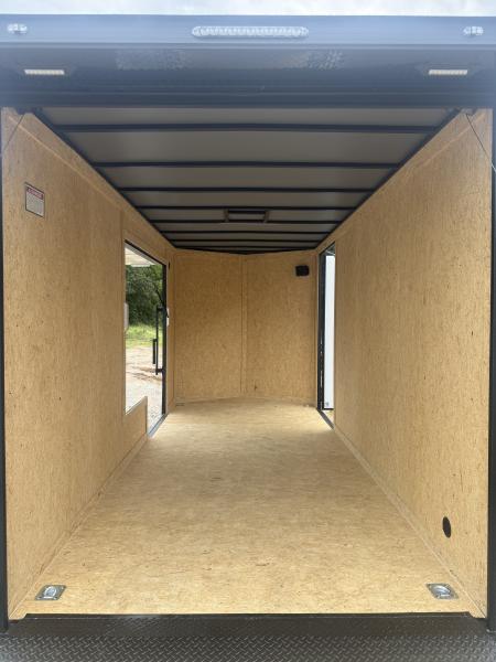 New 2026 Covered Wagon Trailers CW7X16TA2 / Enclosed Trailer / 7' Wide x 16' Long / 7'6" Interior Height / Ramp Rear Door , 48" Side door slide out step / 3500# Brake Axles / .080 Poly Core White / Black Gold Package / Spoiler with load lights