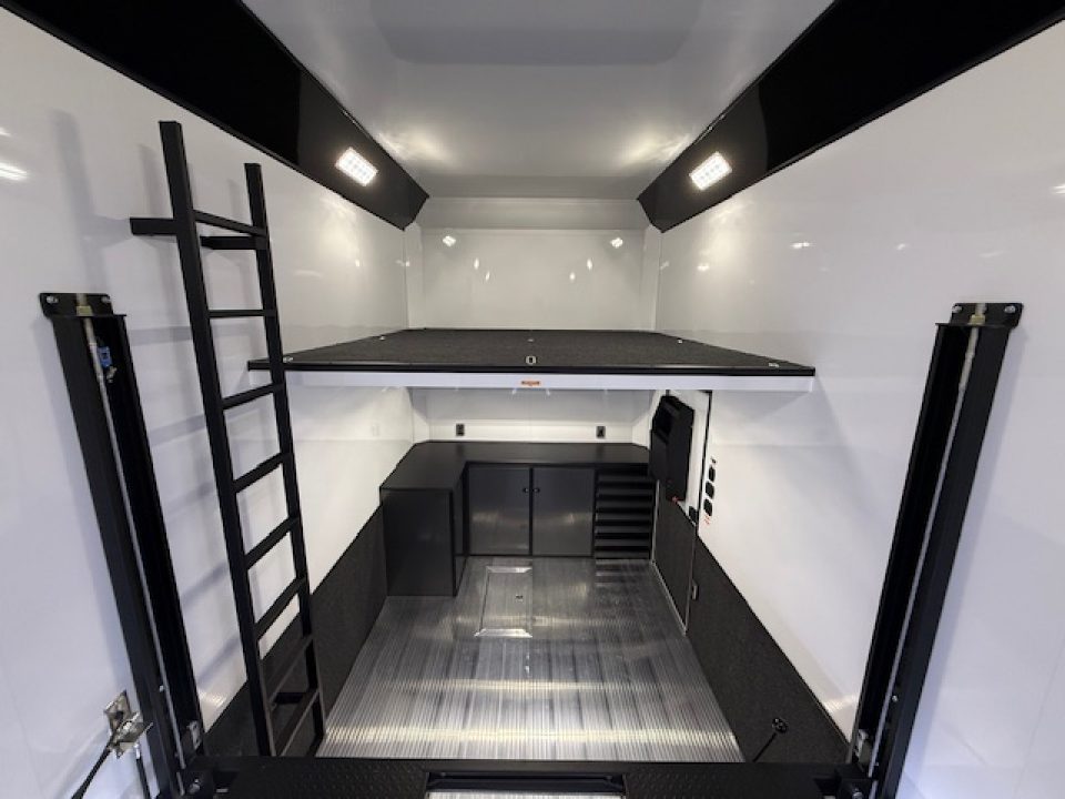 New In-Tech Lite 8.5x32 Stacker Race Trailer-21K - White W/ L Base Cabinet, Winch, Air-Line Track, & Tool Drawers