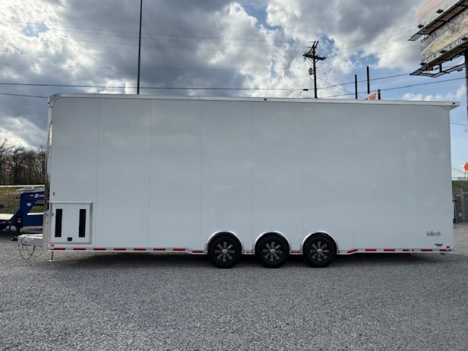 New In-Tech Lite 8.5x32 Stacker Race Trailer-21K - White W/ L Base Cabinet, Winch, Air-Line Track, & Tool Drawers