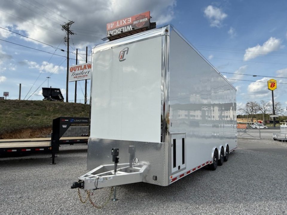 New In-Tech Lite 8.5x32 Stacker Race Trailer-21K - White W/ L Base Cabinet, Winch, Air-Line Track, & Tool Drawers