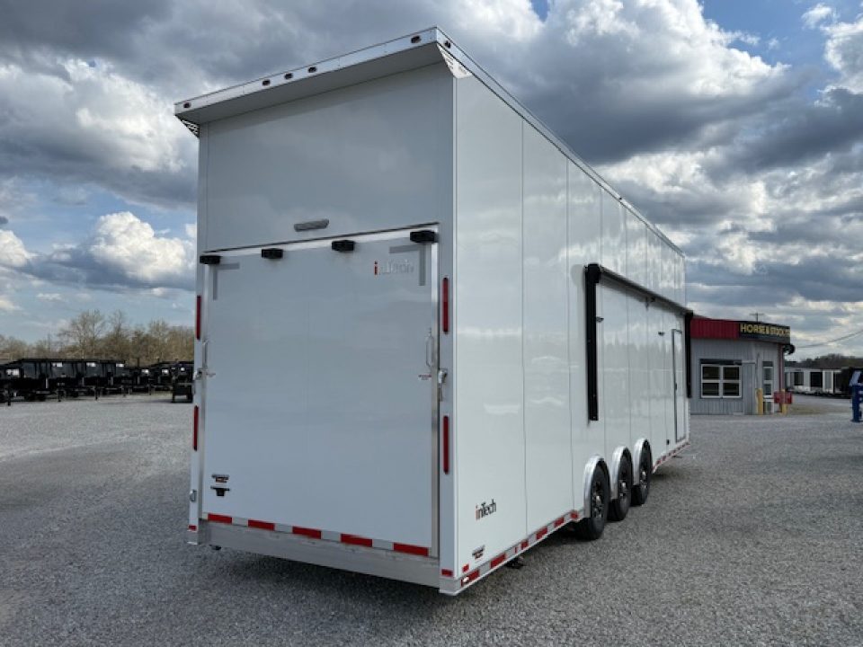 New In-Tech Lite 8.5x32 Stacker Race Trailer-21K - White W/ L Base Cabinet, Winch, Air-Line Track, & Tool Drawers