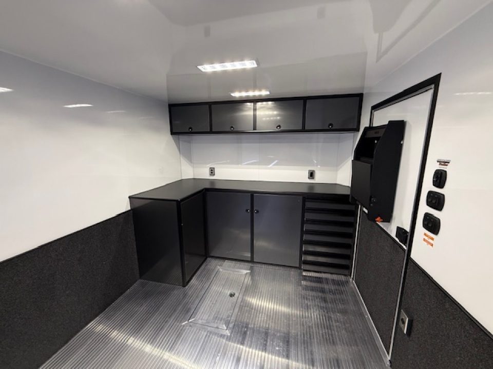 New In-Tech Lite 8.5x32 Stacker Race Trailer-21K - White W/ L Base Cabinet, Winch, Air-Line Track, & Tool Drawers
