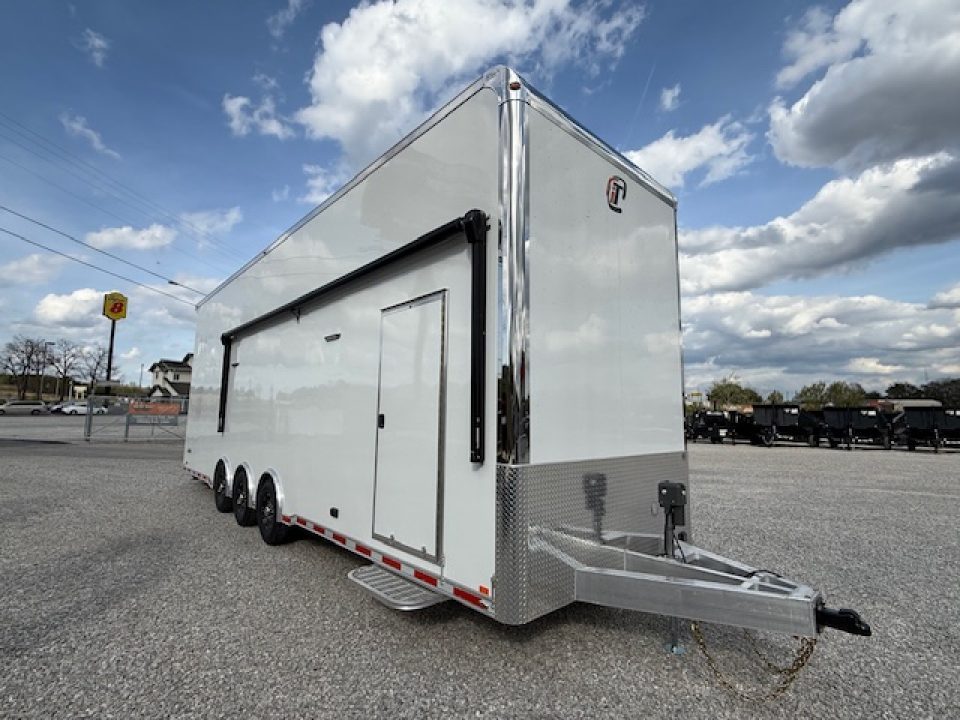 New In-Tech Lite 8.5x32 Stacker Race Trailer-21K - White W/ L Base Cabinet, Winch, Air-Line Track, & Tool Drawers