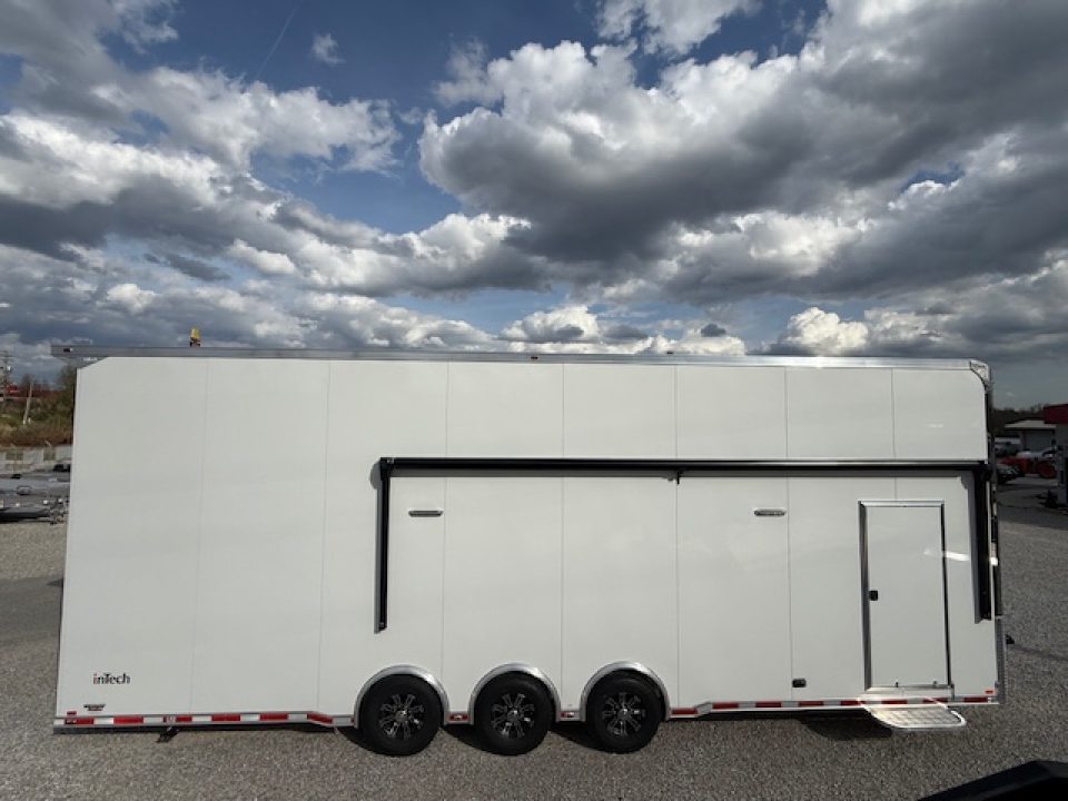 New In-Tech Lite 8.5x32 Stacker Race Trailer-21K - White W/ L Base Cabinet, Winch, Air-Line Track, & Tool Drawers