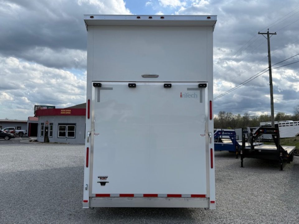 New In-Tech Lite 8.5x32 Stacker Race Trailer-21K - White W/ L Base Cabinet, Winch, Air-Line Track, & Tool Drawers