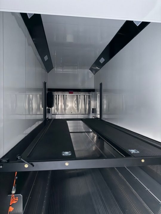 New In-Tech Lite 8.5x32 Stacker Race Trailer-21K - White W/ L Base Cabinet, Winch, Air-Line Track, & Tool Drawers