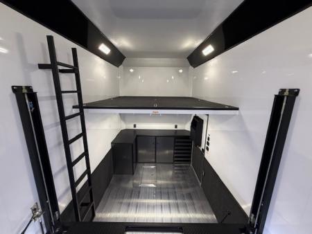 New In-Tech Lite 8.5x32 Stacker Race Trailer-21K - White W/ L Base Cabinet, Winch, Air-Line Track, & Tool Drawers