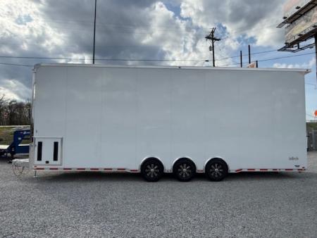 New In-Tech Lite 8.5x32 Stacker Race Trailer-21K - White W/ L Base Cabinet, Winch, Air-Line Track, & Tool Drawers