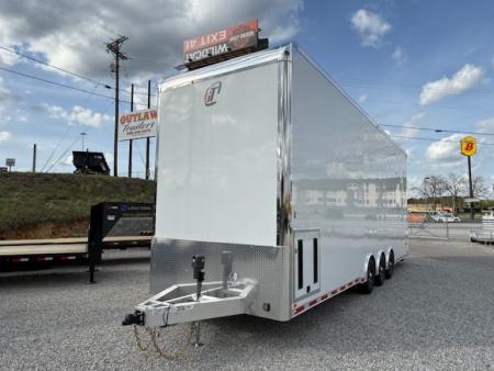 New In-Tech Lite 8.5x32 Stacker Race Trailer-21K - White W/ L Base Cabinet, Winch, Air-Line Track, & Tool Drawers