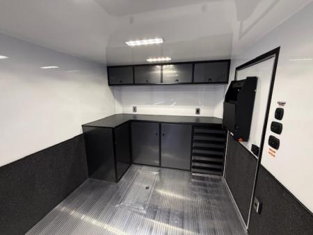 New In-Tech Lite 8.5x32 Stacker Race Trailer-21K - White W/ L Base Cabinet, Winch, Air-Line Track, & Tool Drawers