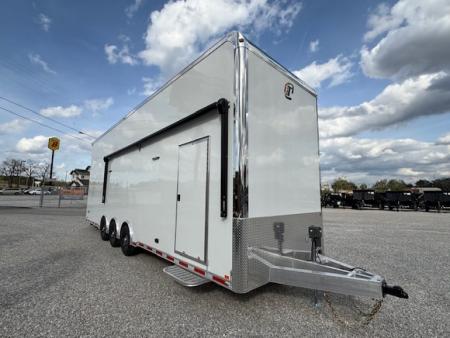 New In-Tech Lite 8.5x32 Stacker Race Trailer-21K - White W/ L Base Cabinet, Winch, Air-Line Track, & Tool Drawers