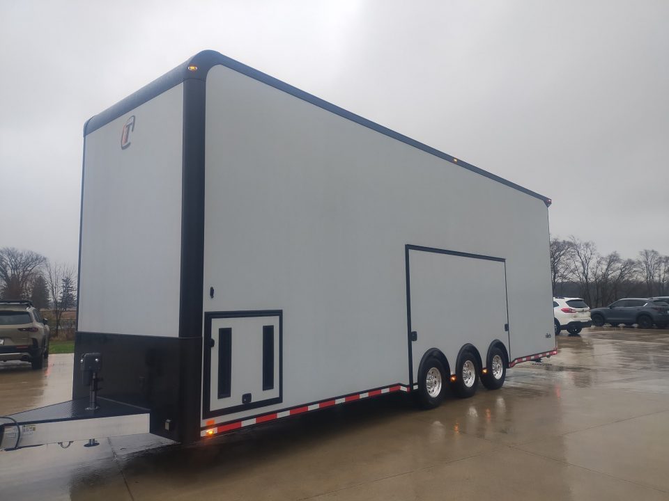 New In-Tech Lite 8.5x32 Stacker Race Trailer-21K- Sportsman Gray W/ Black Trim, Escape Door, WW Cabinet, L Cabinet, & Winch